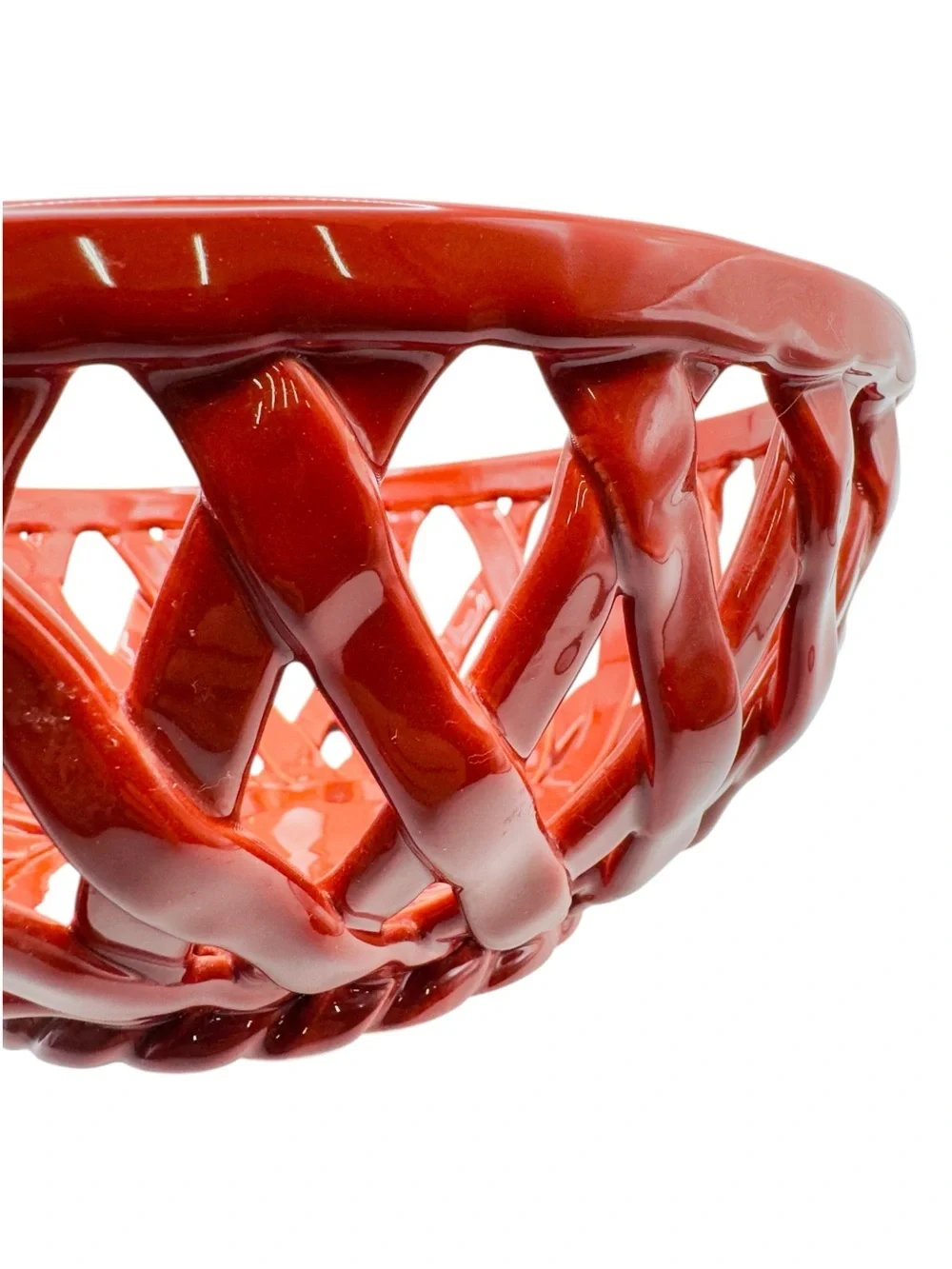 Red Openwork Ceramic Basket Bowl Decorative Fruit Bowl Lattice Centerpiece
